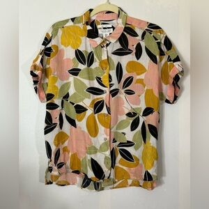 Vintage-style, boxy 100% Linen Floral Print Button-Down shirt